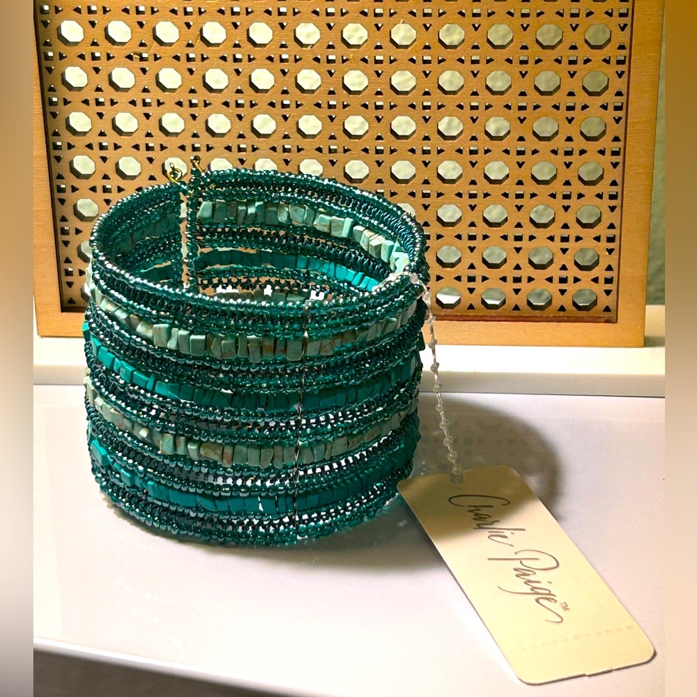 Charlie Paige Teal and Green Beaded Cuff Bracelet NWT